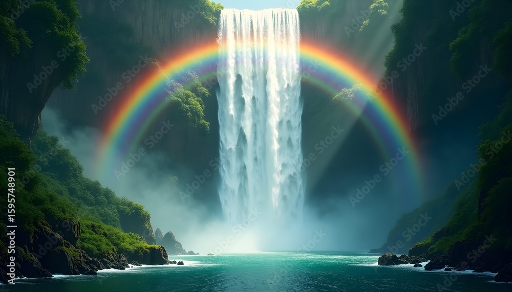 Fototapeta premium Rainbows Over Breakfast: A Whimsical Waterfall Tale