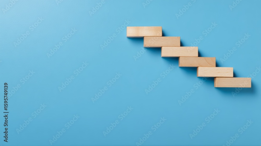 Fototapeta premium The wooden blocks are arranged in the form of stairs on the blue ground, the steps to business success, the concept of success