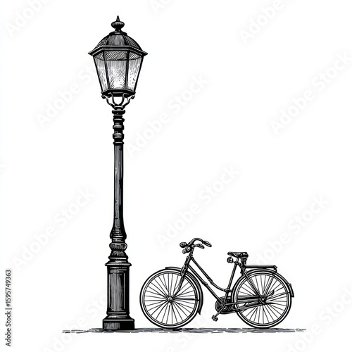 Vintage bicycle and lamp post sketch