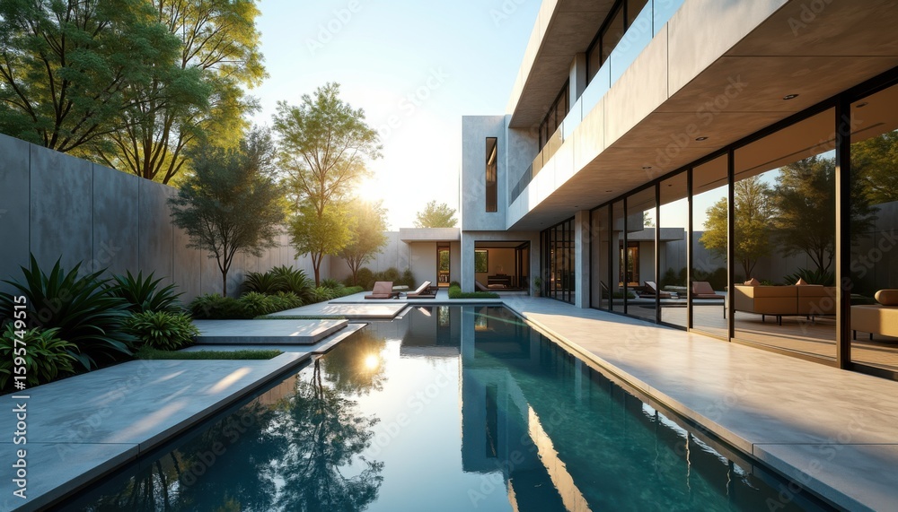Fototapeta premium Luxurious Modern Home with Reflective Pool