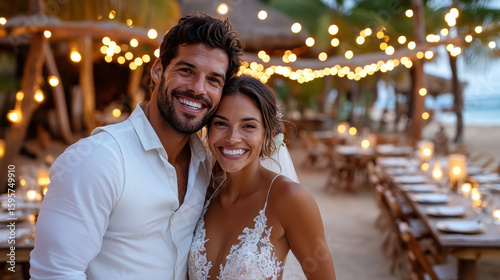 Couple smiling together at romantic outdoor wedding with glowing lights