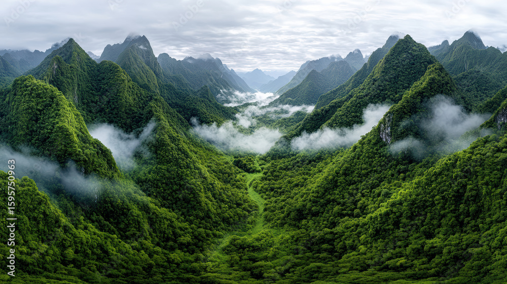 Obraz premium Lush green mountains with mist rising, creating serene landscape