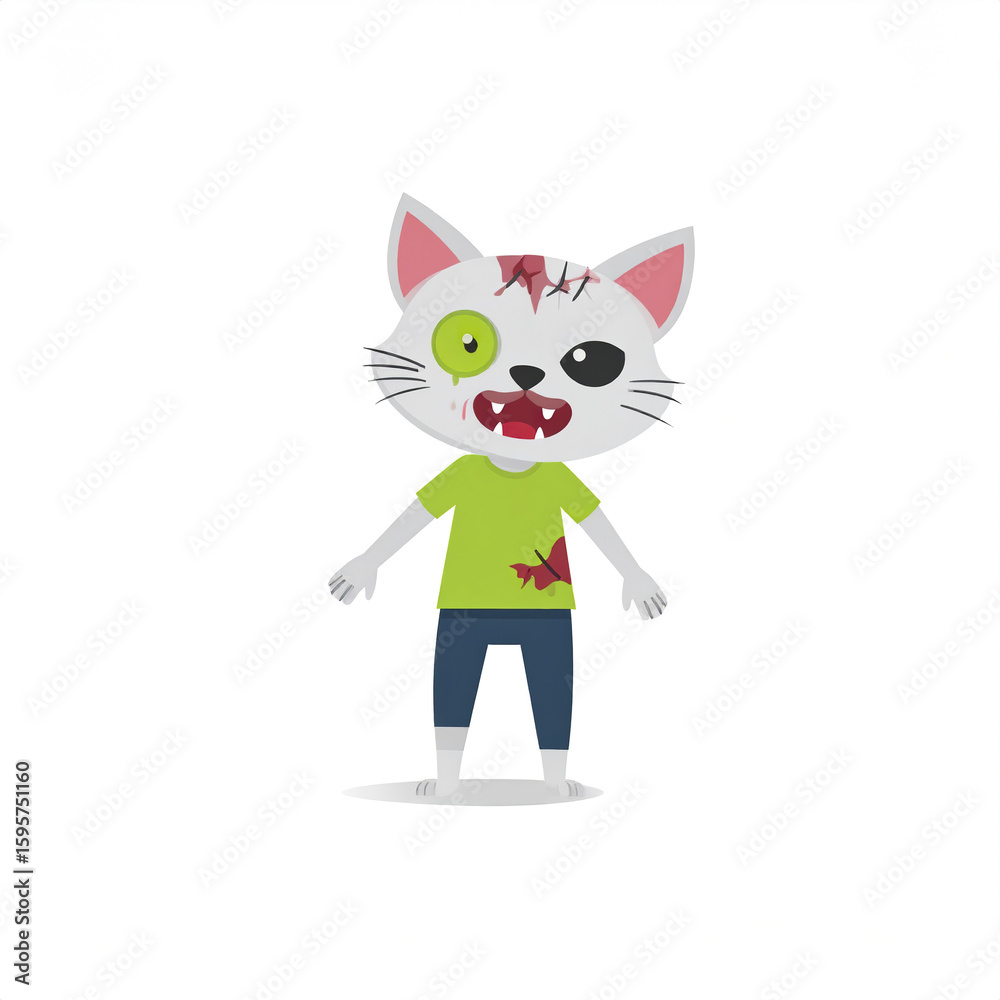 Obraz premium Cute zombie cat character with torn green shirt and blue pants stands with playful yet eerie expression, featuring green eye and stitched wounds on its head