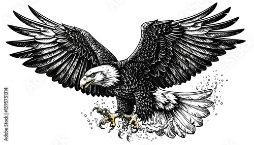 Majestic bald eagle in flight, wings outstretched, talons extended, detailed ink drawing.