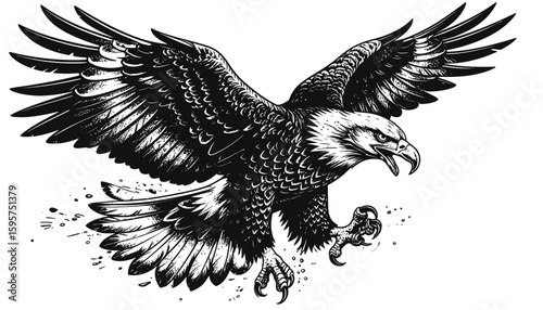 A majestic bald eagle with outstretched wings and talons, swooping downwards.