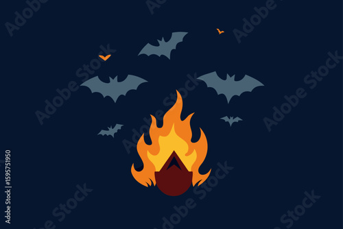 Summer campfire with bats flying overhead illustration