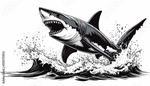 Great White Shark Breaching A Dynamic Illustration of Marine Power and Majesty in Black and White 