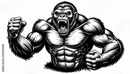 Powerful gorilla illustration showcasing strength, aggression, and wild nature of the majestic primate.