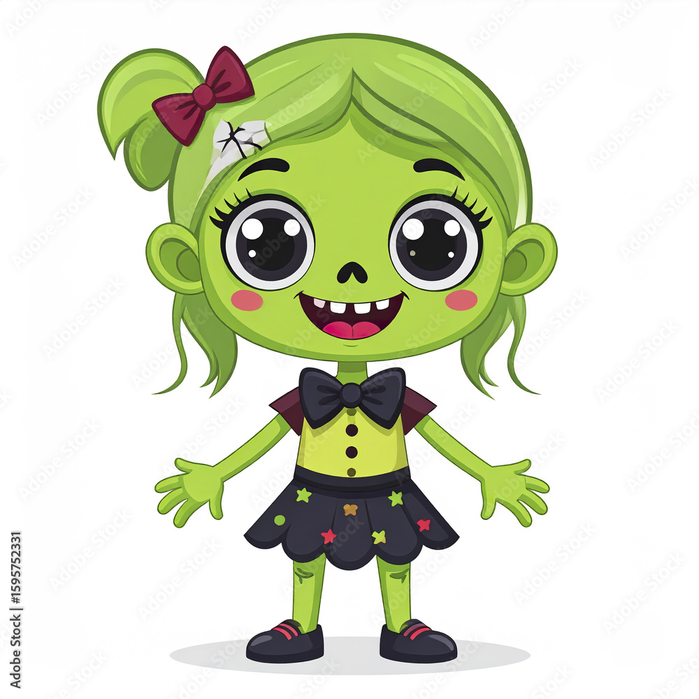 Obraz premium Cute green zombie girl with big eyes and cheerful smile wearing black skirt with colorful stars and bow tie, standing happily on white background