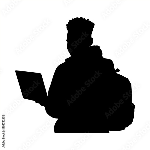 Modern Student Silhouette with Backpack and Laptop, Black Silhouette of a Young Man Holding a Laptop Digital Lifestyle