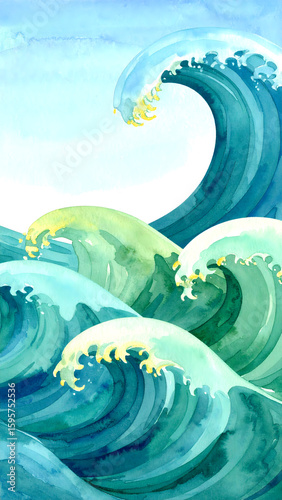 Dynamic blue and green ocean waves crest with white foam under a clear sky, rendered in a soothing watercolor style