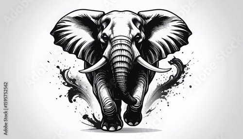 Majestic Elephant Portrait A striking monochrome animal illustration featuring detailed textures and dynamic splash effects for print or digital.