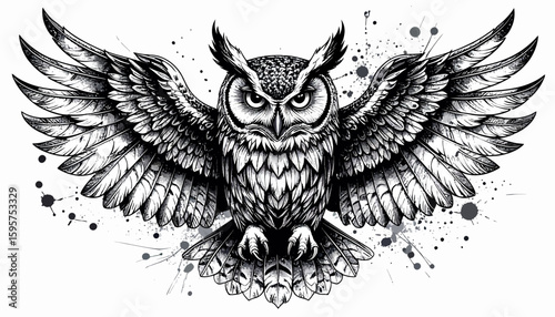 Detailed black and white drawing of an owl with outstretched wings and ink splatter effect.