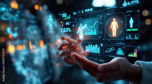 Remote Health Solutions concept. Futuristic healthcare data interface in hands.
