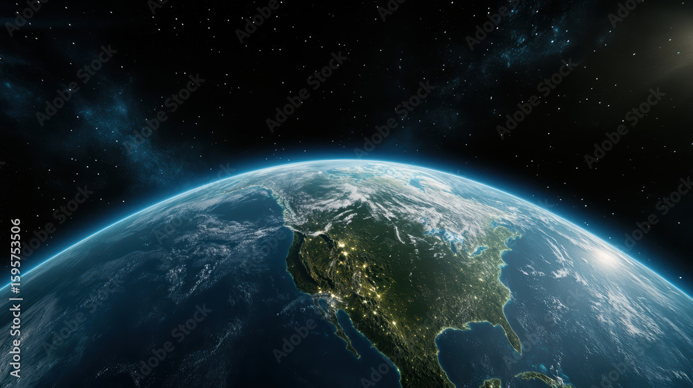 Fototapeta premium Earth view from space, showcasing North America illuminated at night, with stars in background