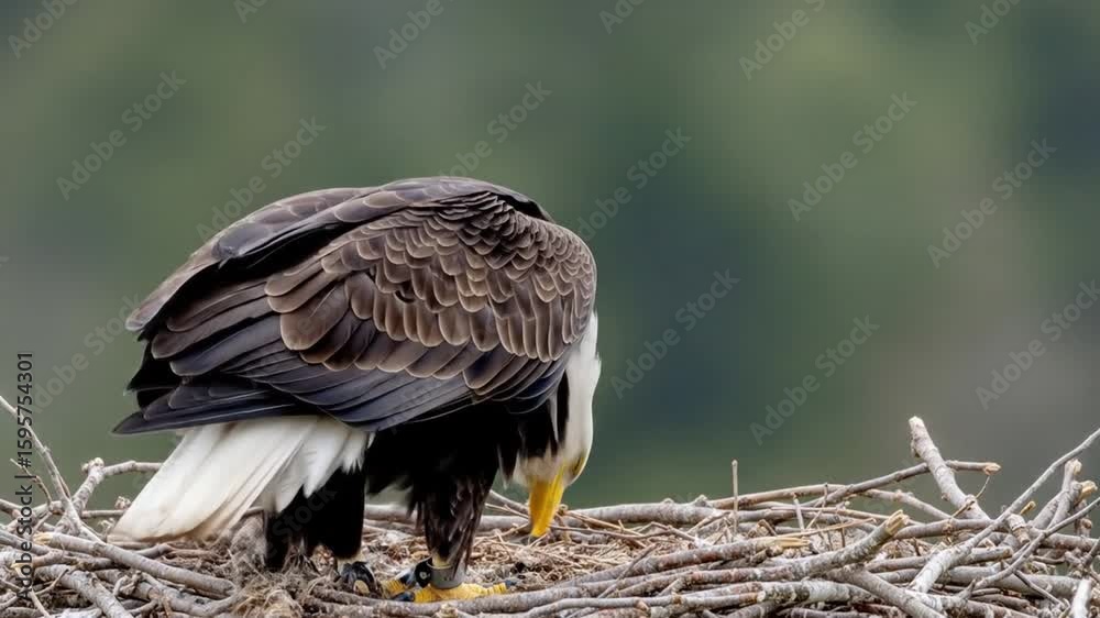 Majestic bald eagle perched on nest with detailed feather plumage against soft blurred natural background