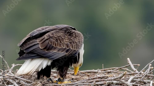 Majestic bald eagle perched on nest with detailed feather plumage against soft blurred natural background