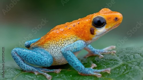 Vibrant Blue and Orange Poison Dart Frog on Leaf