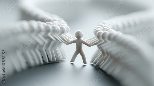 3D figures push toward shared goal in unified composition, symbolizing leadership, teamwork, and collective ambition through a dynamic, conceptual digital metaphor