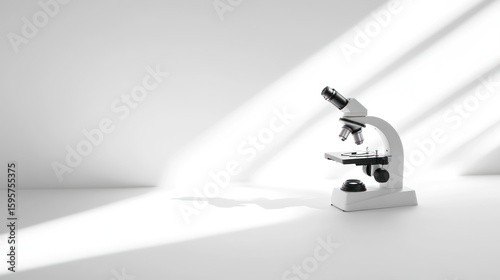 A white compound microscope sits on a bright white surface, illuminated by diagonal shafts of sunlight casting shadows, suggesting a clean, sterile laboratory setting