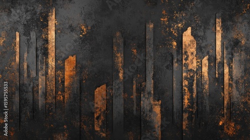 A highly textured abstract design with dark shades of charcoal and metallic accents of copper and gold, evoking a modern, industrial aesthetic