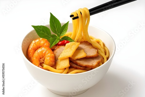 Cao lầu- thick, chewy yellow noodles soaked in lye water, Two plump, orange-glazed shrimp, with several slicesof char siu-style pork-  Vietnamese traditional food from Hoi An, Quang Nam