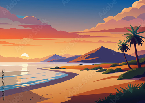 Vibrant beach landscape at dusk with mountain shadows