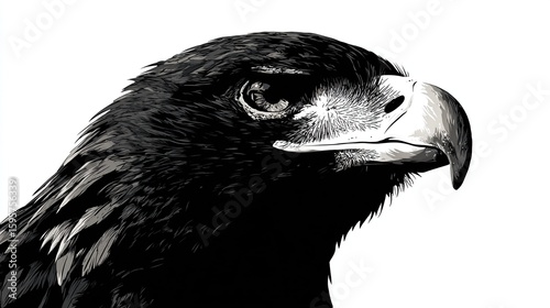 Detailed monochromatic eagle head illustration, facing right on plain backdrop