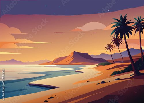 Orange twilight by the beach with palm tree silhouettes