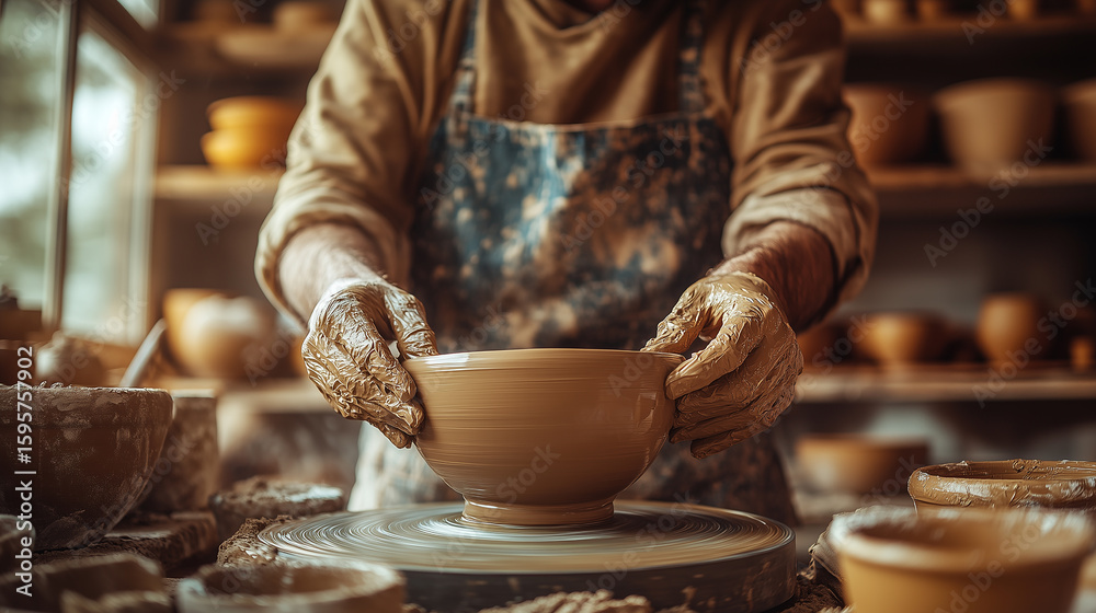 An artisan potter's hands shaping a clay bowl on a pottery wheel in a workshop. This is perfect for craft, art, and handmade concepts An artisan potter's hands shaping a clay bowl on a pottery wheel in a workshop. This is perfect for craft, art, and handmade concepts
