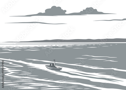 Minimalist grayscale sea with tiny boat and clouds