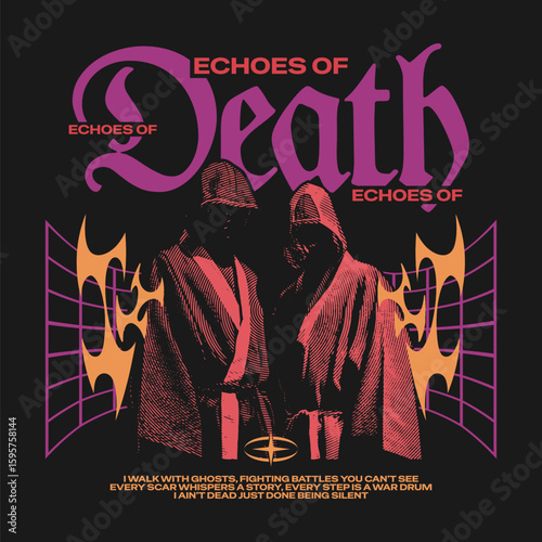 Urban gothic streetwear t-shirt with cloaked figures, Dark aesthetic graphic tee echoes of death design, Oversized black t-shirt with mystical urban print, Vintage horror urban graphic tee