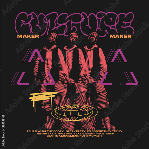 Urban culture maker graffiti style graphic tee, Streetwear multi-figure hip-hop inspired t-shirt, Black graphic tee with abstract urban design, Oversized urban streetwear t-shirt