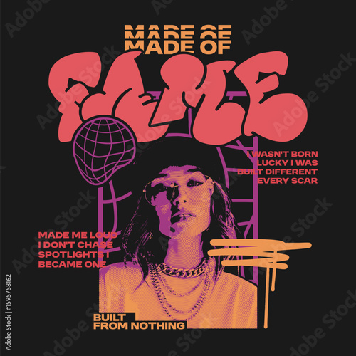 Urban streetwear fame t-shirt design, Made of fame urban poster art, Motivational street graphic tee women, Built from nothing urban apparel