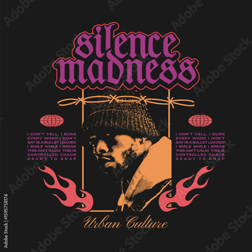 Urban streetwear madness t-shirt design, Silence madness barbed wire graphic tee, Street culture flame design t-shirt, Gritty urban portrait graphic apparel