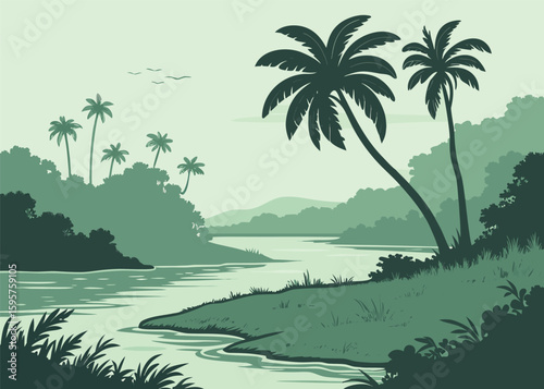 River delta with palm trees and cloudy skies