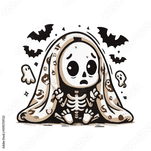 A frightened cartoon skeleton wrapped in a blanket holds a flashlight, trembling in the dark. A spooky and humorous Halloween-themed illustration full of character and charm.