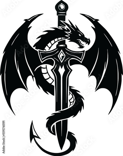 A fierce black dragon entwined around a large, ornate sword, its wings spread wide.