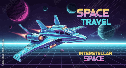 Futuristic spaceship soaring through vibrant interstellar space, planets and stars in retro 80s style.