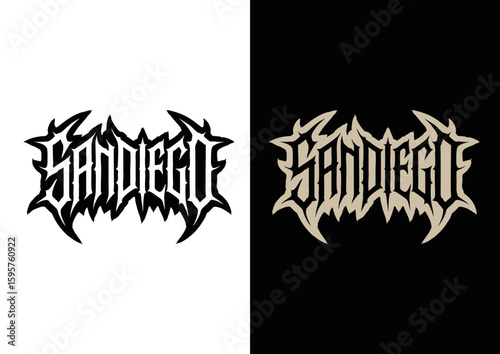 Hardcore San Diego Spiked Typography Logo. Aggressive "San Diego" lettering with sharp, spiked edges in a gothic-metal style. Ideal for underground fashion, skate brands, and rock-themed merchandise.