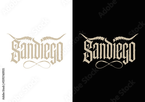 Gothic San Diego Typography Artwork. Sharp, gothic-style "San Diego" text design with intricate lines, ideal for tattoo-inspired fashion and alt-style products.