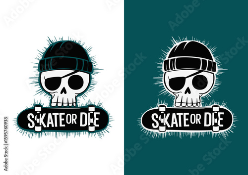 Cool Skull Skateboard Logo in Beanie Hat.  Illustrated skull with sunglasses and beanie hat above "Skate or Die" text, blending edgy street art with skate culture.
