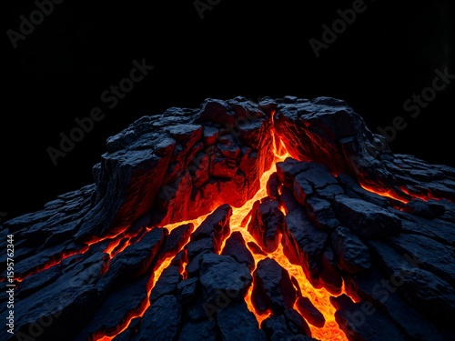 Hyperrealistic volcanic rock background with glowing cracks, dark, jagged basaltic rock, bright orange and red molten lava seeping through narrow fissures, heat haze distortion