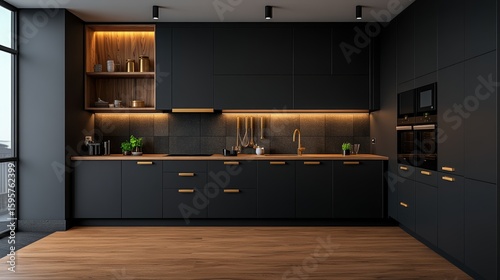 Modern minimalist kitchen with sleek black cabinets warm wooden accents and subtle under cabinet lighting
