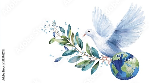 A white dove, wings outstretched, perches on a small globe nestled amongst teal and green leaves of an olive branch, against a white background.  Watercolor style