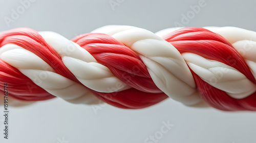Close-up of a twisted red and white rope showcasing intricate braiding and texture