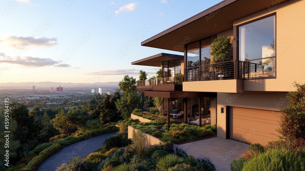 Fototapeta premium Modern luxury house with spacious balcony and large overlooking scenic landscape at sunset