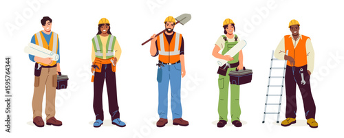 Diverse group of male and female construction workers in uniforms and safety gear, holding tools and blueprints, standing on white background. Concept of teamwork. Set of flat vector illustrations