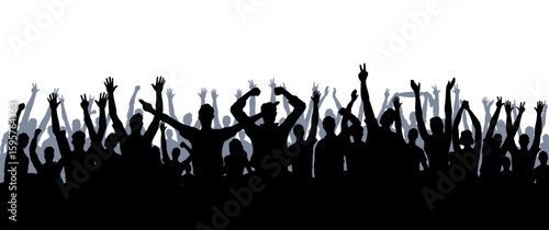 Group of cheering crowd silhouettes with raised hands in a flat graphic style, shown on a white background. Concept of celebration, unity, excitement. Vector illustration