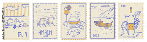 Set of five stylized Italian summer-themed postage stamps featuring beach scenes, wine, and travel icons in flat line art on beige background. Concept of vacation nostalgia. Vector illustration